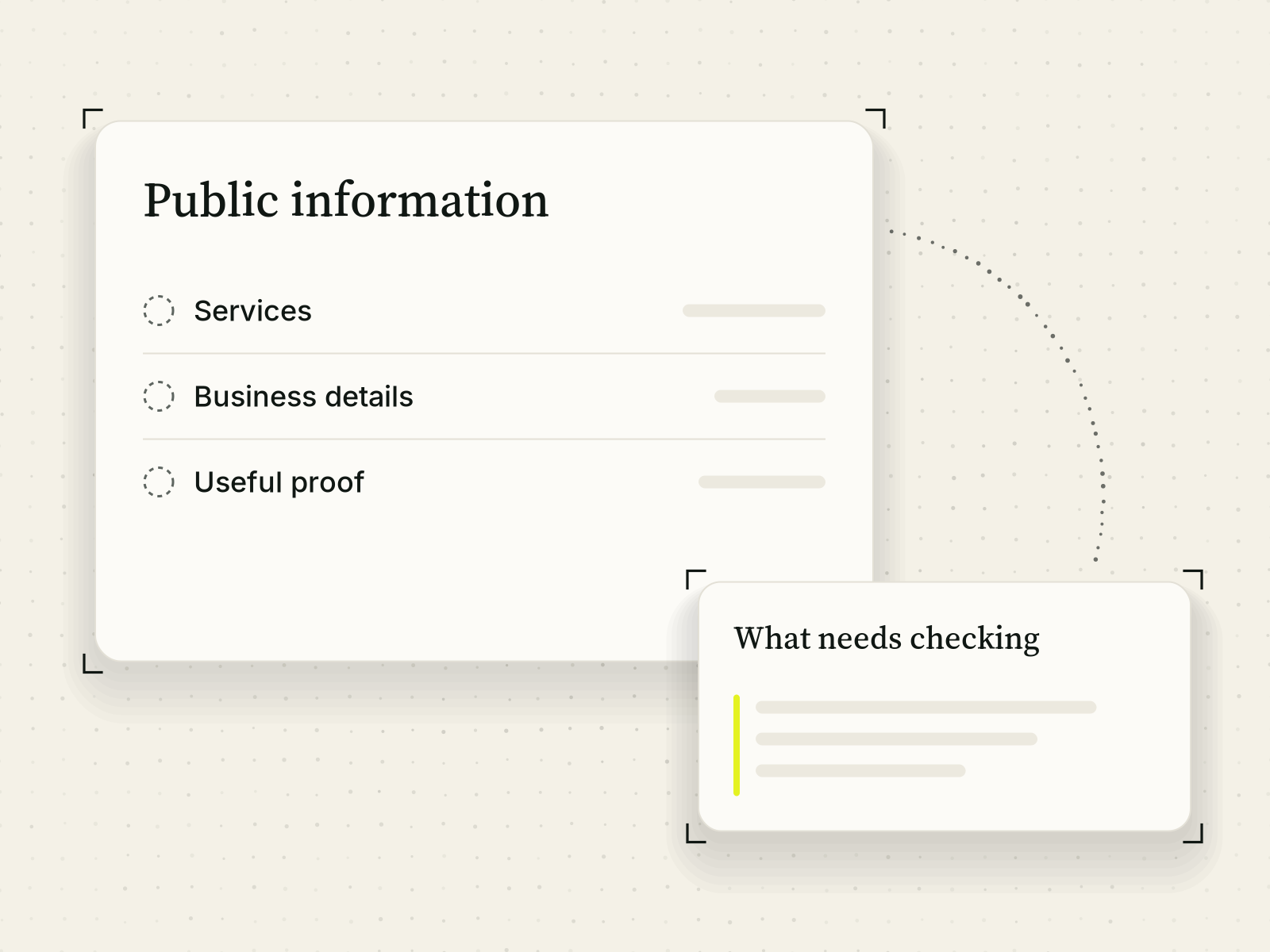 A card titled 'Public information' lists Services, Business details and Useful proof, each with an empty dashed status ring and a blank placeholder line. A companion card titled 'What needs checking' shows blank lines.